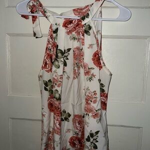 Floral Halter Tie Neck Dress - White with Coral Roses
